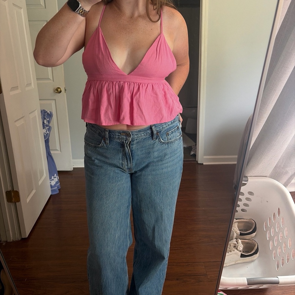 SHEIN Pink V-Neck Peplum Spaghetti Strap Tank Top